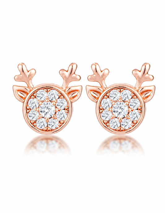 18k Rose Gold Plated Clear CZ Reindeer Earrings