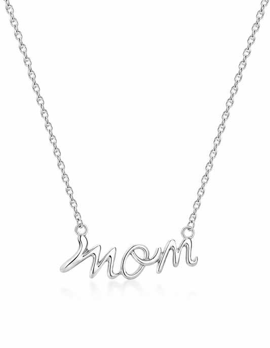 Rhodium Plated Mom Script Necklace