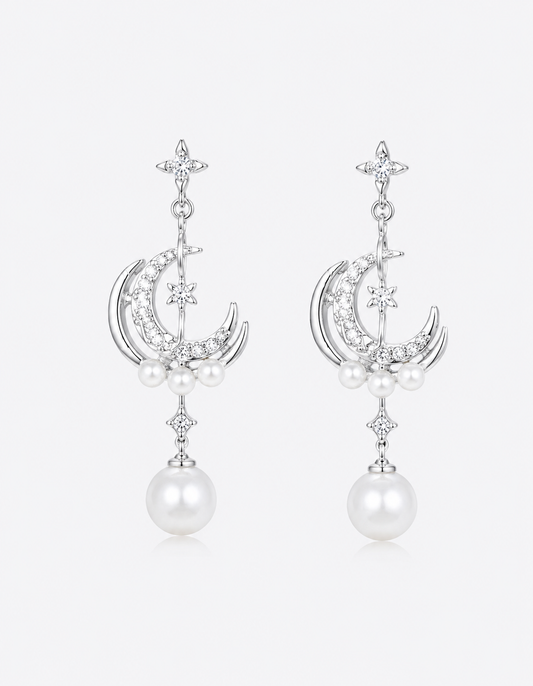 Moon & Star Pearl Dangle Earrings