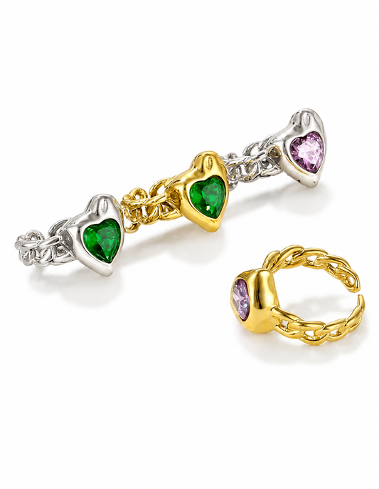 18K Gold Plated Stainless Steel Open Cuban Chain Heart Shaped Zircon Stone Gold Finger Ring