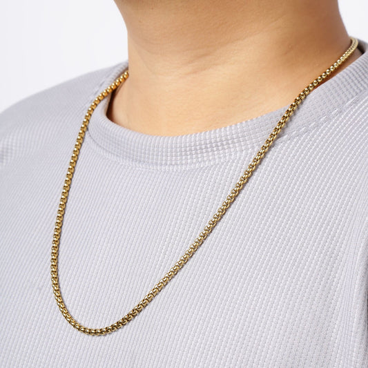 Men Round Box Chain 18K Gold Plated Stainless Steel Link Chain Square Pearl Chain
