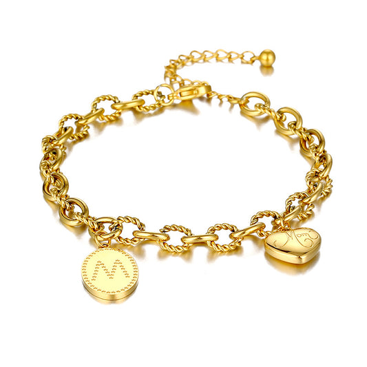18K PVD Gold Plated Stainless Steel Custom Letter Heart Bracelet