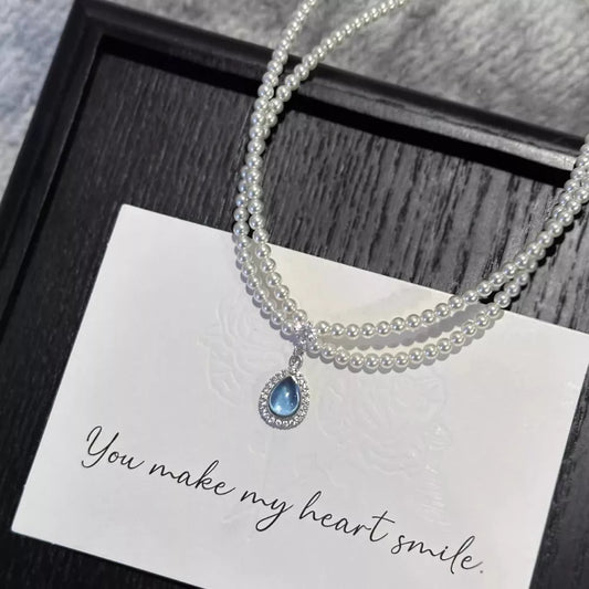 Double Layered Pearl Necklace with Teardrop Pendant